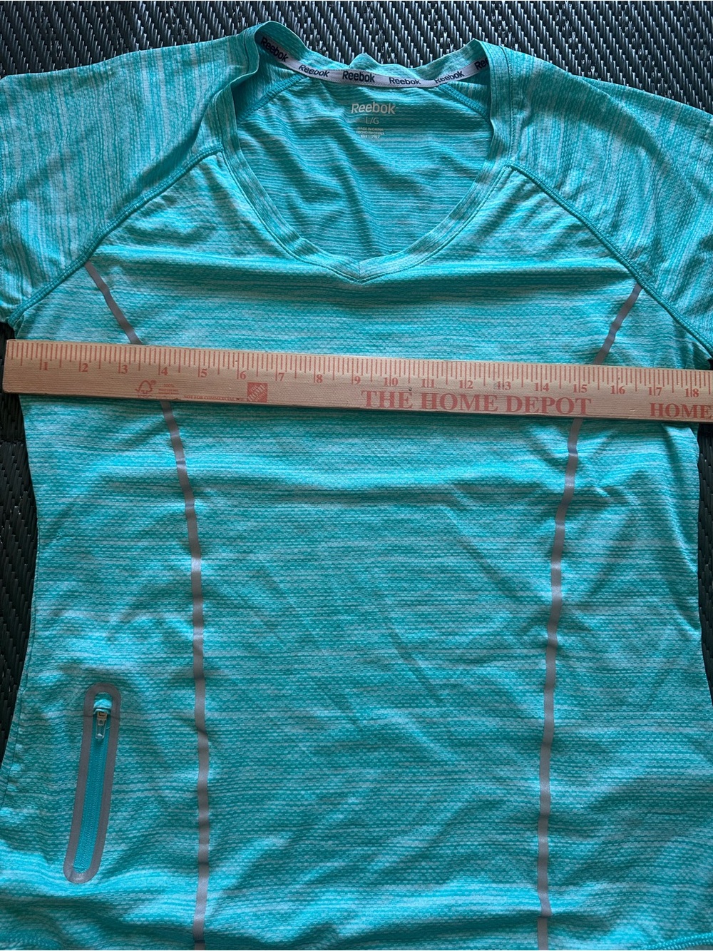 REEBOK Women's T Shirt Reflective Aqua Marled V Neck Side Zip Pocket Large - Picture 7 of 7